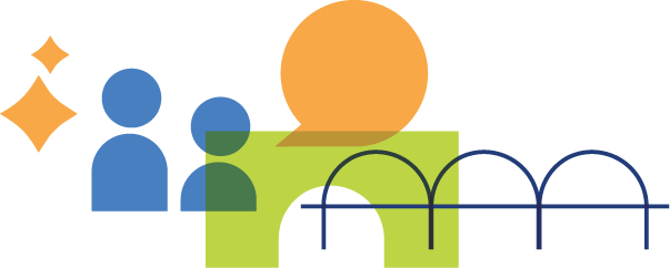 Abstract illustration of two human figures, various geometric shapes, and a bridge with arches, in bright colors.