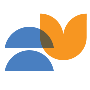 Abstract icon with two blue semi-circles and a geometric tulip shape, a playful design element of the Stanbridge brand.