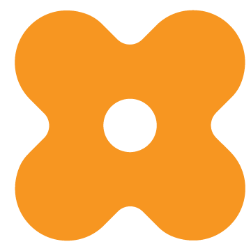 Abstract orange icon in a flower-shape, a playful design element of the Stanbridge brand.