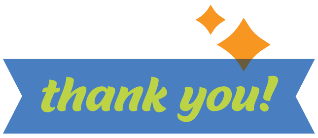 Blue ribbon with green text saying 'thank you!' and three orange star-like sparkles above.