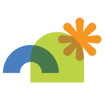 Abstract graphic with green and blue arc shapes and an orange flower-like element, playful design elements of the Stanbridge brand.