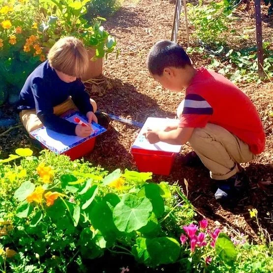 Two children, a boy and a girl, drawing in notebooks while kneeling in a garden among green plants and flowers.