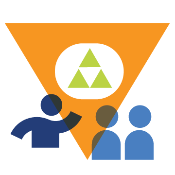 Colorful geometric illustration of a teacher presenting to two blue icons representing students. There is an orange triangle and a circle at the top of the triangle filled with green geometric triangles that form another triangle.