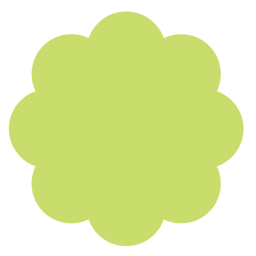 An abstract green, rounded, flower-shaped object, a playful design element of the Stanbridge brand.
