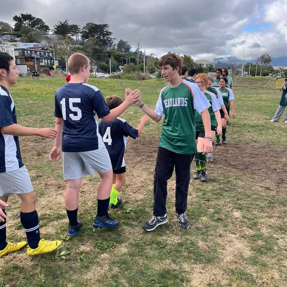 Young soccer players on a field shaking hands before a game, wearing jerseys and sports shoes, with a cloudy sky and residential area in the background.