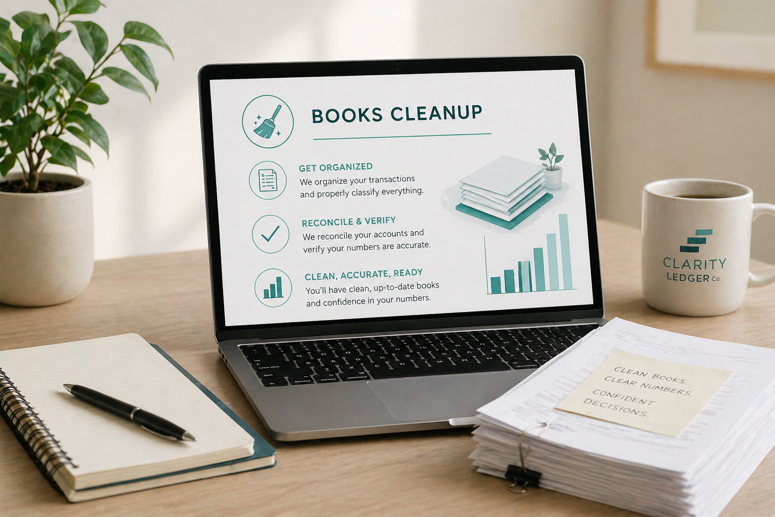 A laptop on a wooden desk displays a presentation titled 'Books Cleanup' with steps to organize, verify, and update books and accounts. Next to the laptop are notebooks, a pen, a stack of papers with a note, a plant, a coffee mug labeled 'Clarity Ledger Co.', and a small potted plant in the background.