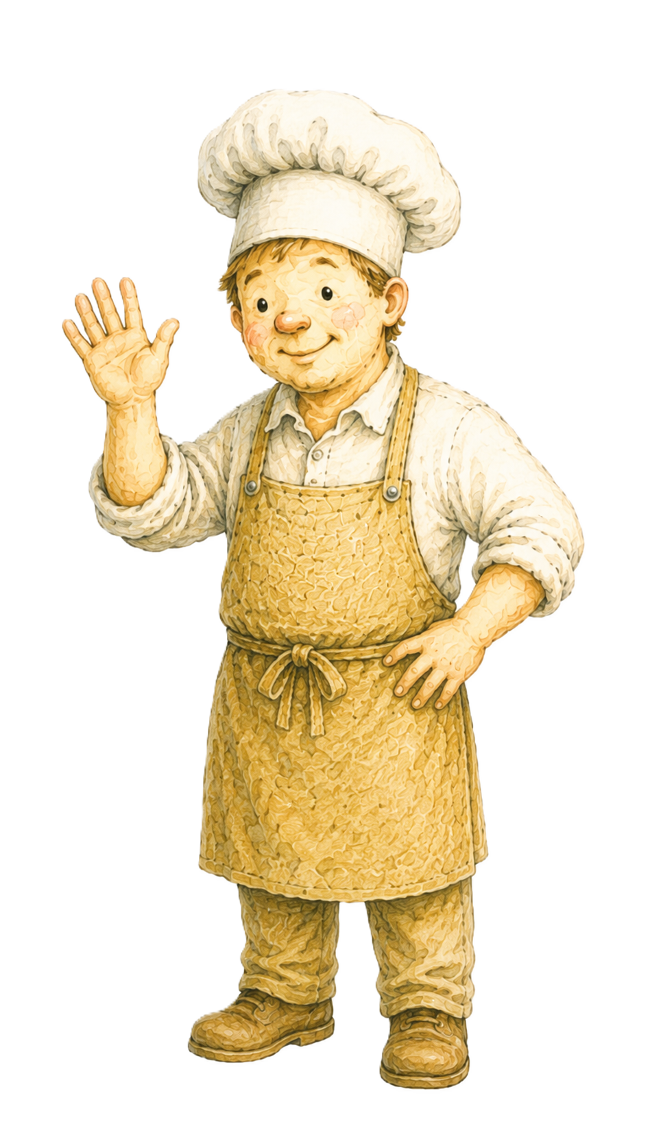 A cheerful cartoon chef dressed in a white hat, beige apron, and matching clothing, waving with one hand and smiling.