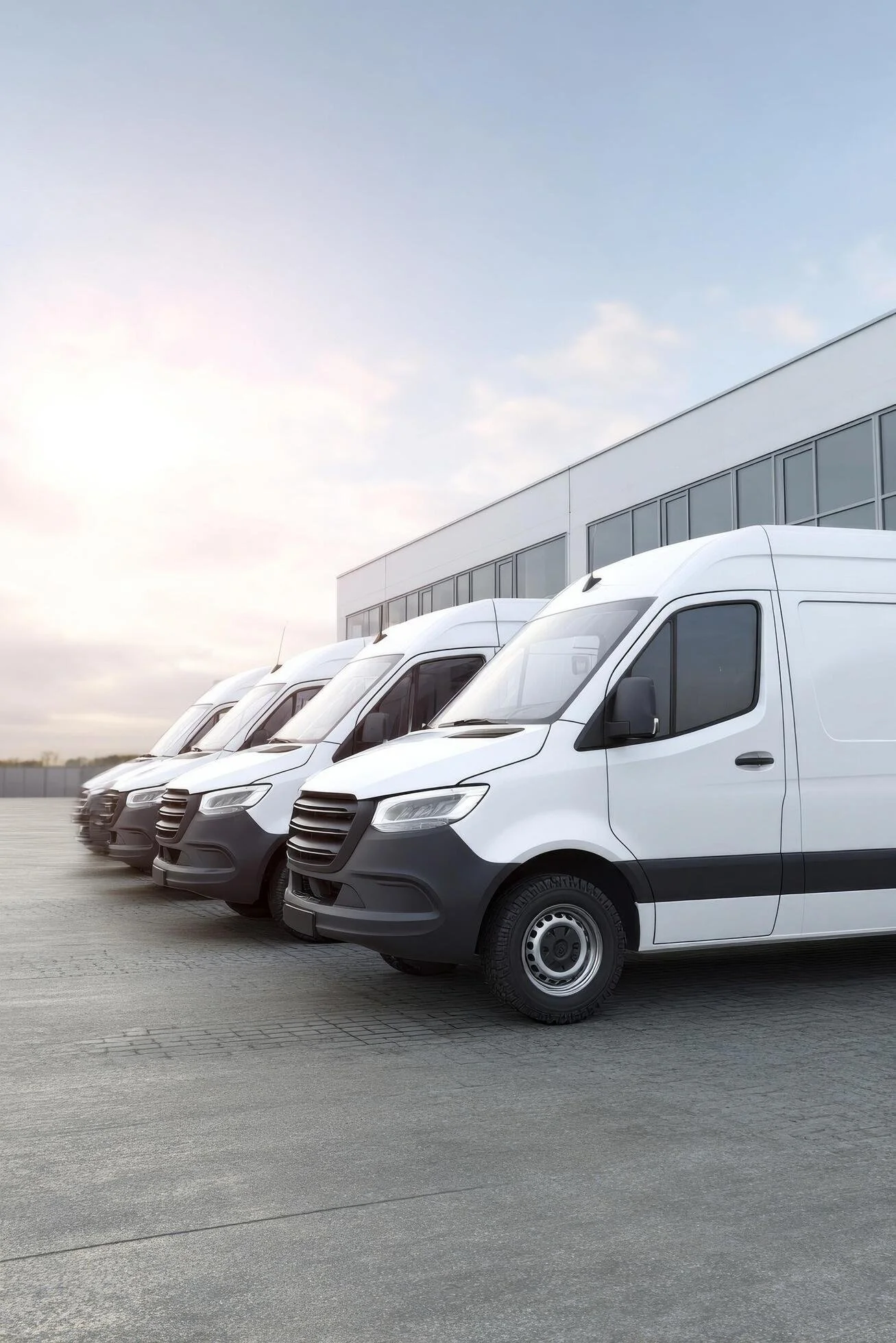A row of white delivery vans parked outside a modern commercial building with large windows under a partly cloudy sky.