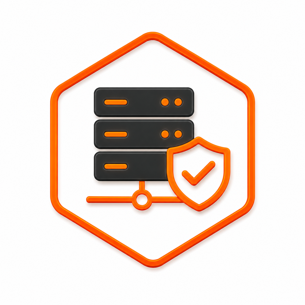 Neon icon of a server with a shield and checkmark, inside a hexagon