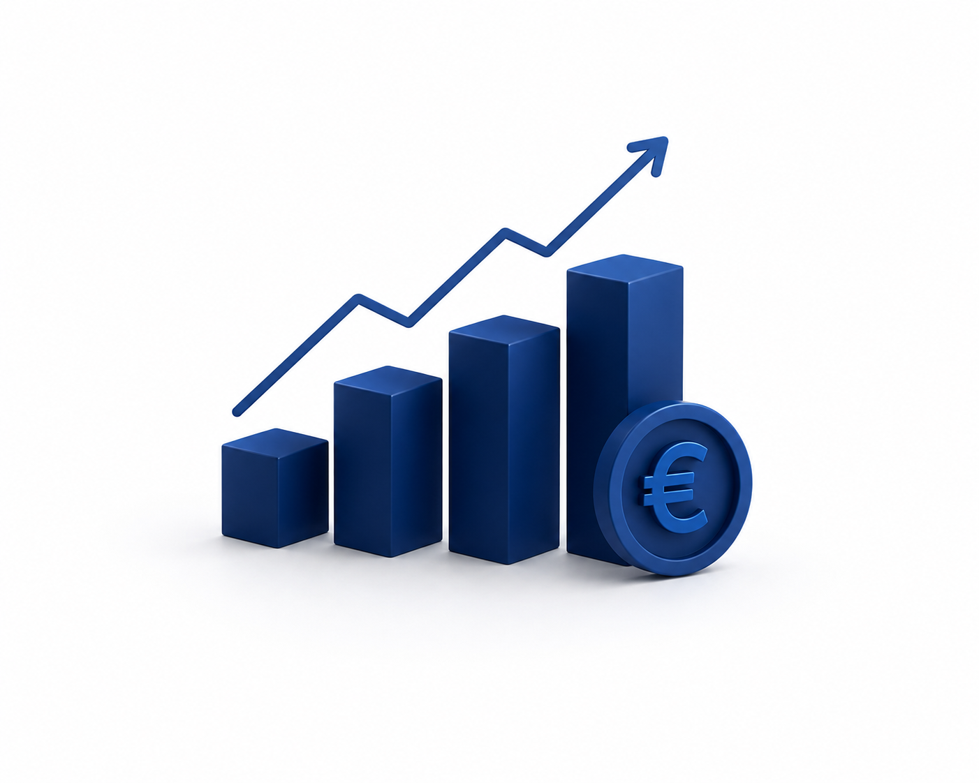 Blue 3D bar graph increasing in height, with an upward trend arrow, and a euro currency coin in front.