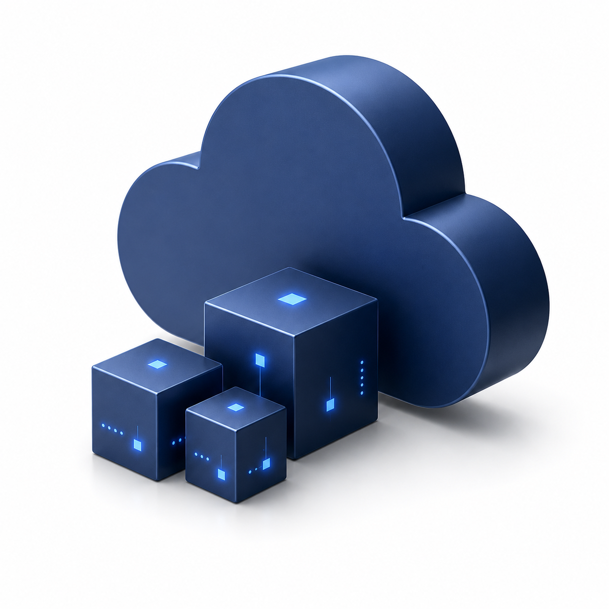 A digital illustration of a cloud storage service represented by a large navy blue cloud icon with four smaller connected blue cubes featuring glowing blue indicators, symbolizing data management and cloud computing.
