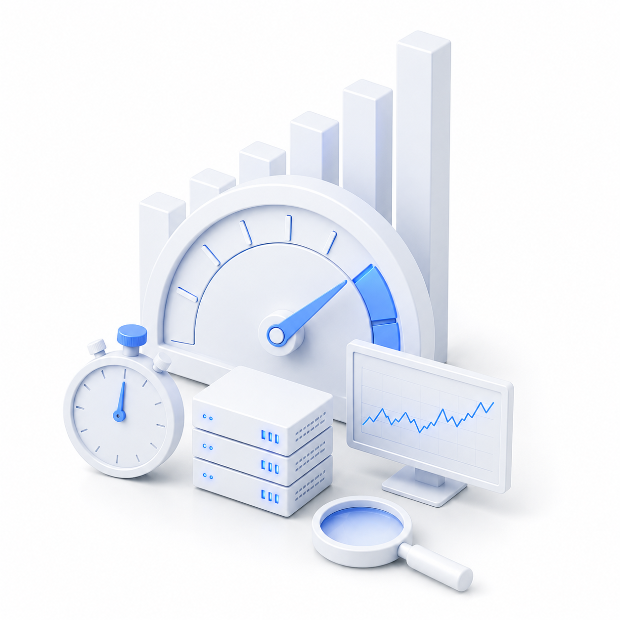 Blue technological devices including a rising bar graph, a speedometer, a stopwatch, a data server, a monitor with a line graph, and a magnifying glass.