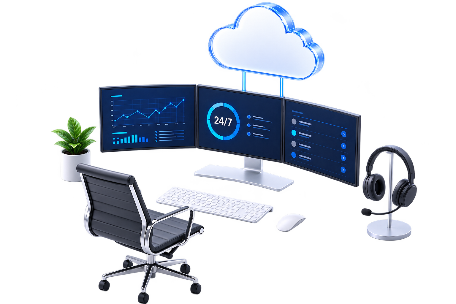 A digital control center with three monitors displaying charts and the text '24/7 Monitoring'. Surrounding the monitors are icons representing 24/7 support, IT support, automated processes, tickets, and cloud security. A robotic arm and a headset are also present, indicating automation and support services.