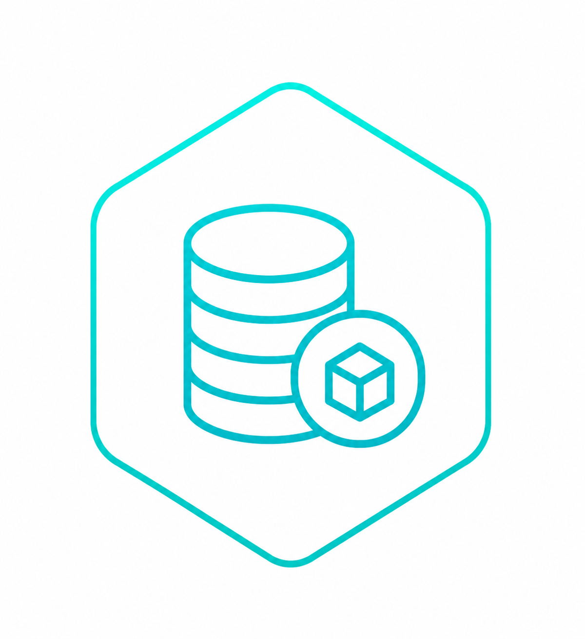Line drawing of stacked coins and a small cube inside a hexagonal border.