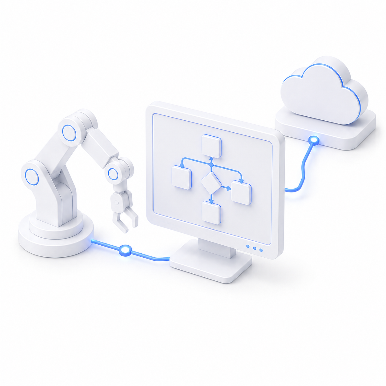 Digital illustration of automation and data processing with a robotic arm, computer screen displaying flowchart, conveyor belt with blocks, gear, cloud computing icon, data servers, and a bar chart with upward trend.