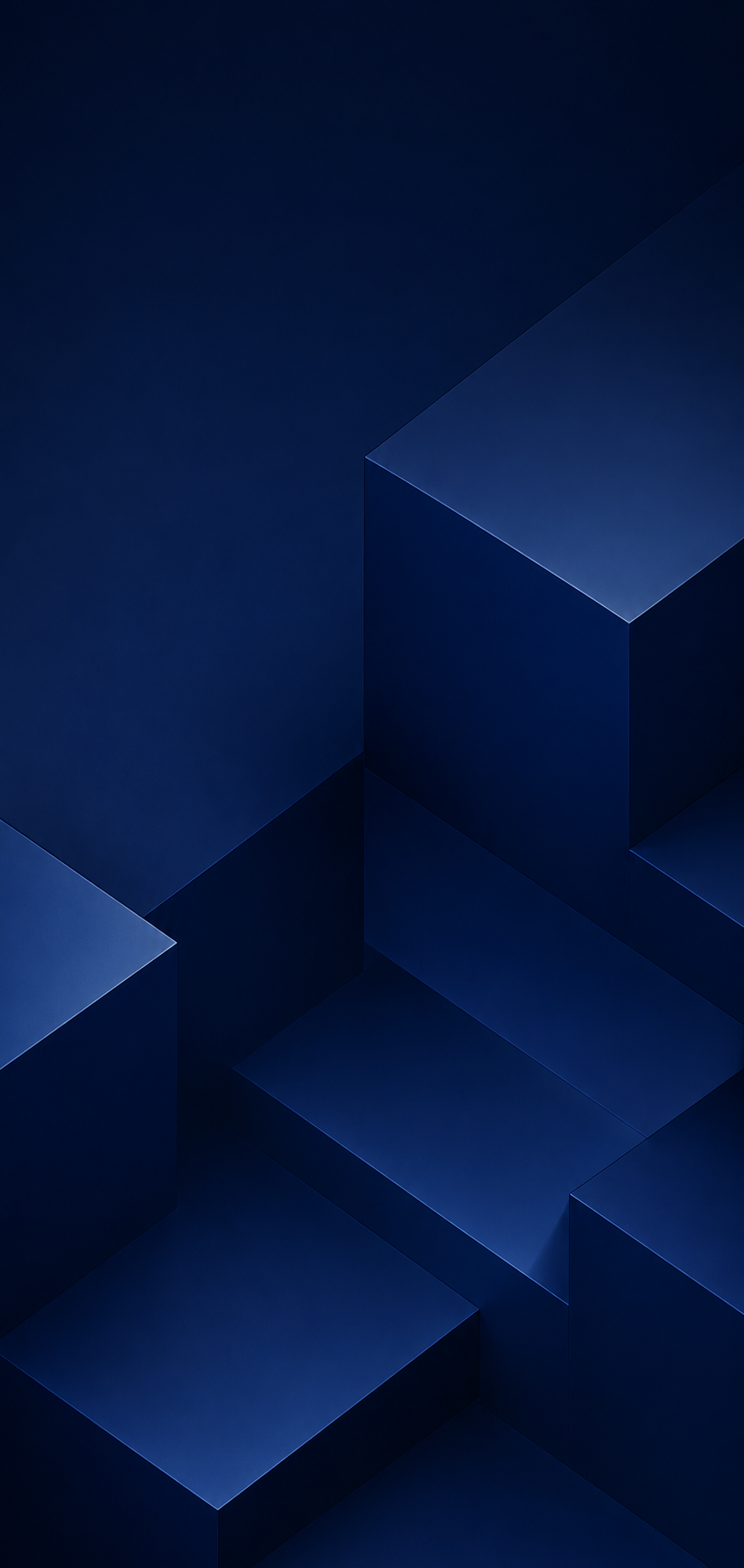 A dark blue abstract background with geometric 3D cube shapes and shadows.