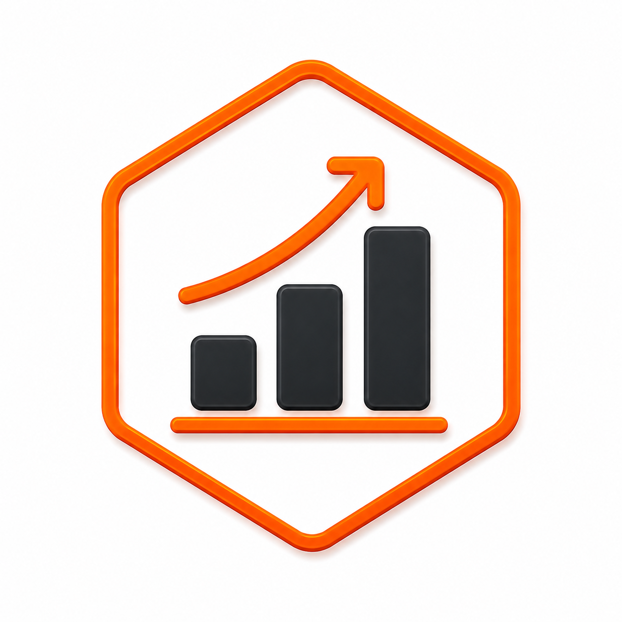 Neon orange outline of a house with a bar chart displaying increasing black bars from left to right and an upward orange arrow above the bars.