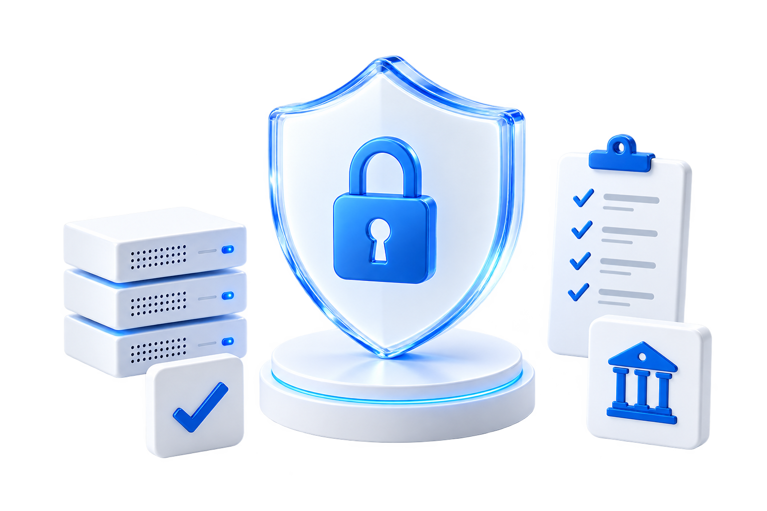 Digital security icons with a central shield and padlock, representing cybersecurity measures such as backup, disaster recovery, compliance, security monitoring, and audit support.