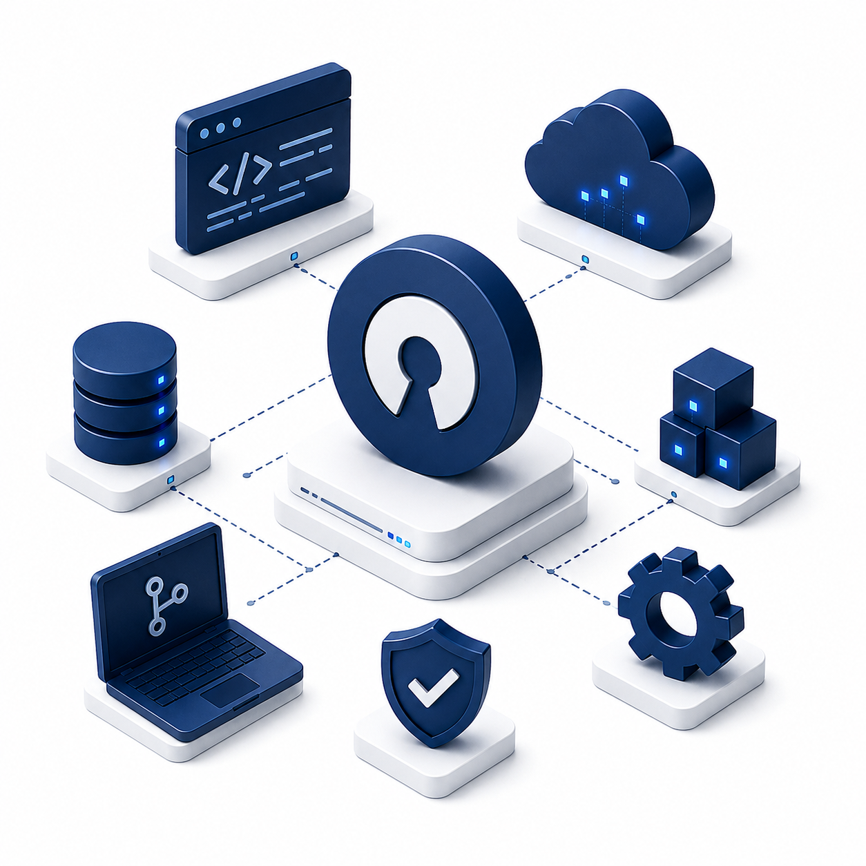 Digital illustration of cybersecurity and data protection concepts with icons representing cloud storage, coding, databases, security shield, gears, and interconnected systems in blue and white.