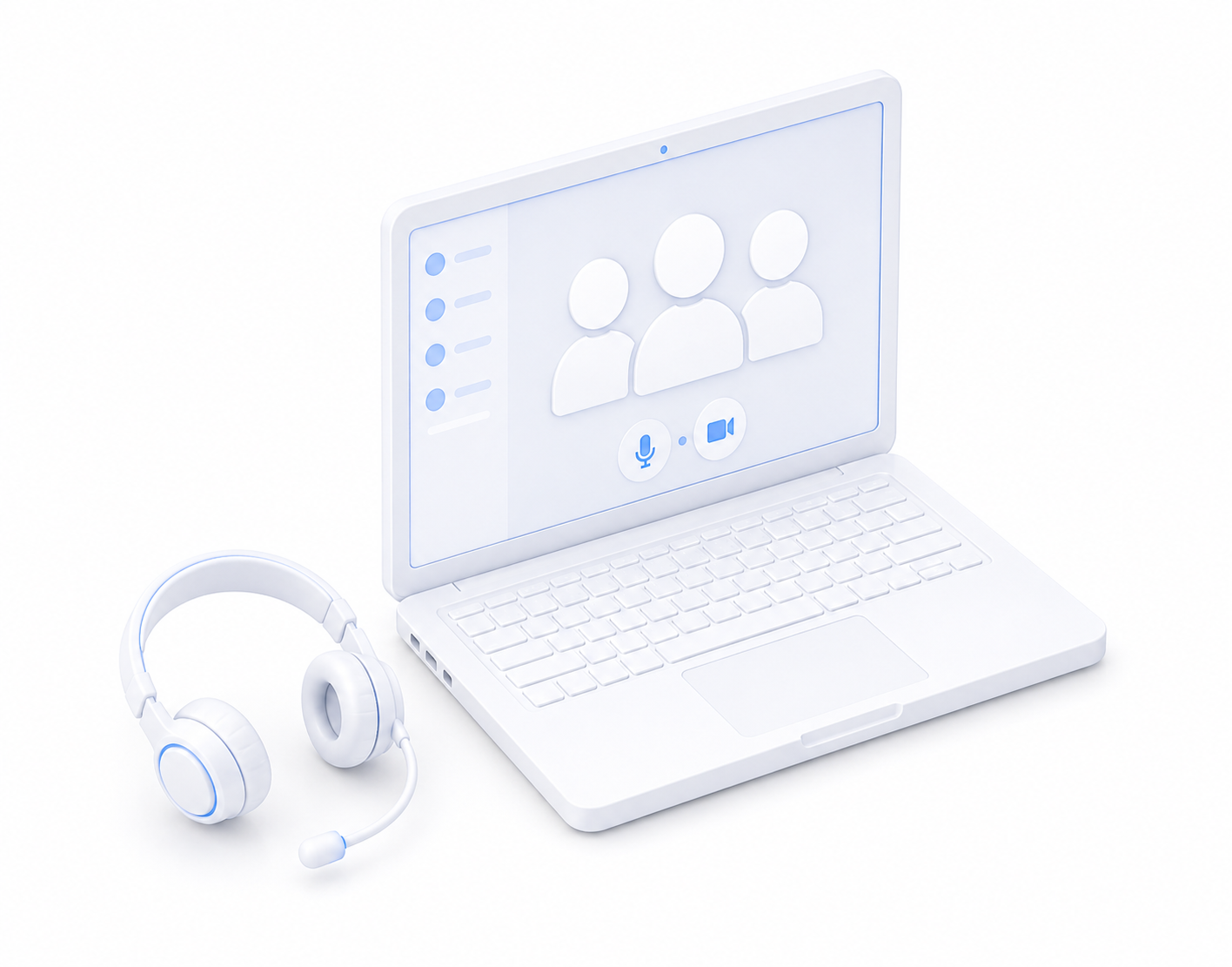 Digital workspace with a laptop displaying a video call, smartphone, tablet, headphones, coffee mug, potted plant, folder, and cloud icons indicating remote communication and cloud storage.