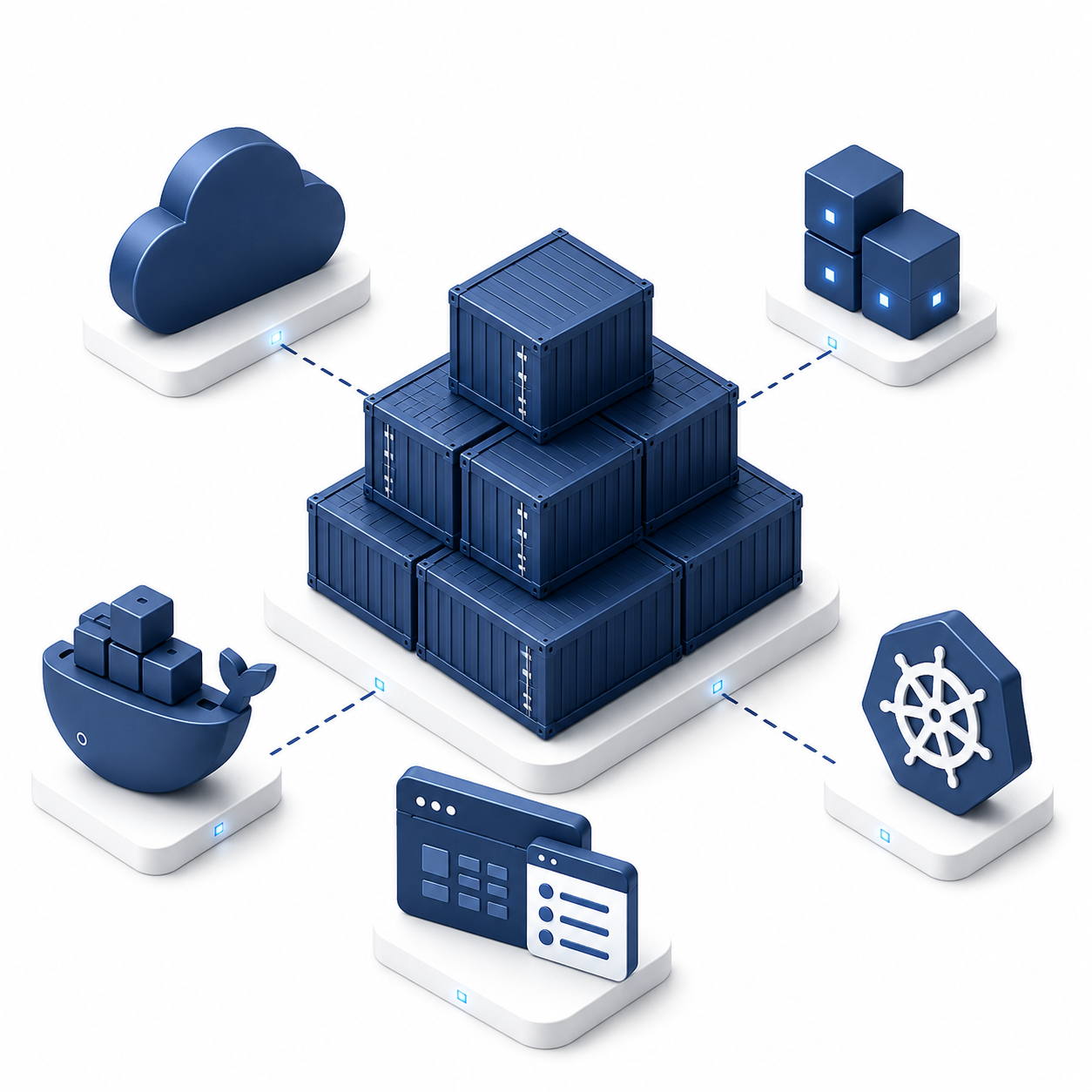 Digital illustration of cloud storage, servers, containers, and network icons representing cloud computing and data management.