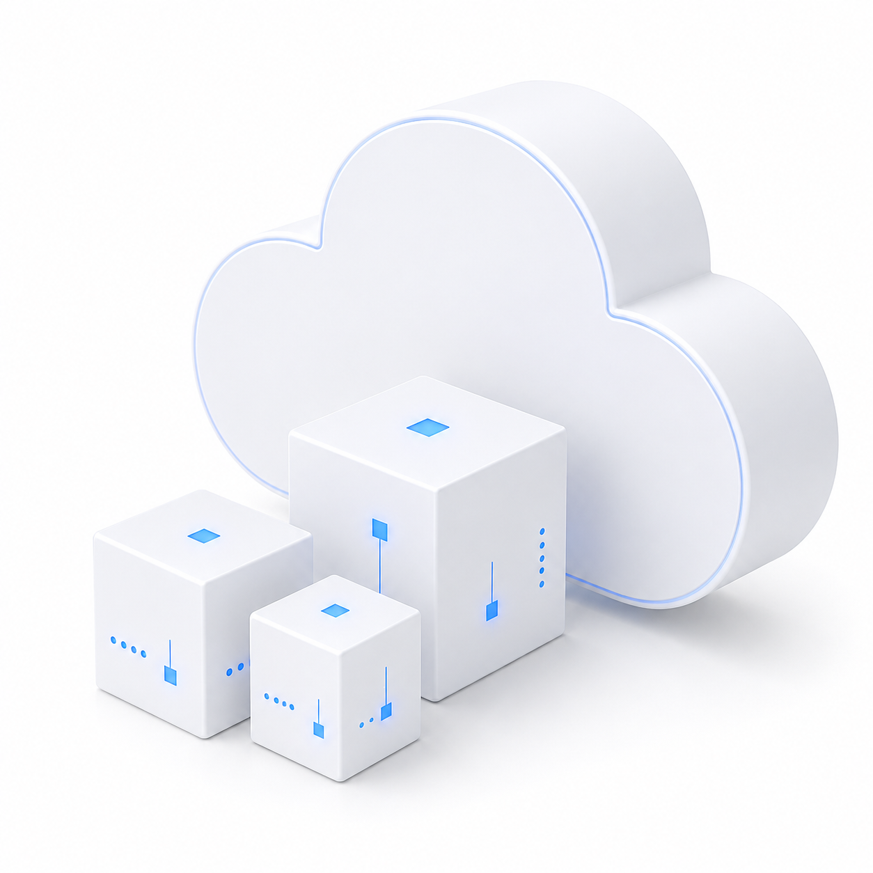 A digital illustration of a cloud storage service represented by a large navy blue cloud icon with four smaller connected blue cubes featuring glowing blue indicators, symbolizing data management and cloud computing.