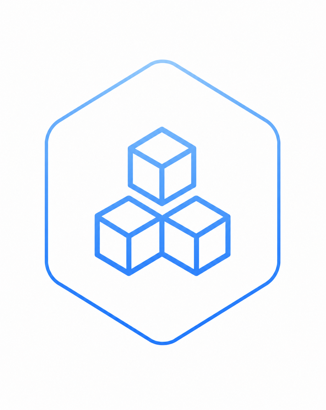 Line drawing of three interconnected cubes inside a hexagon outline.