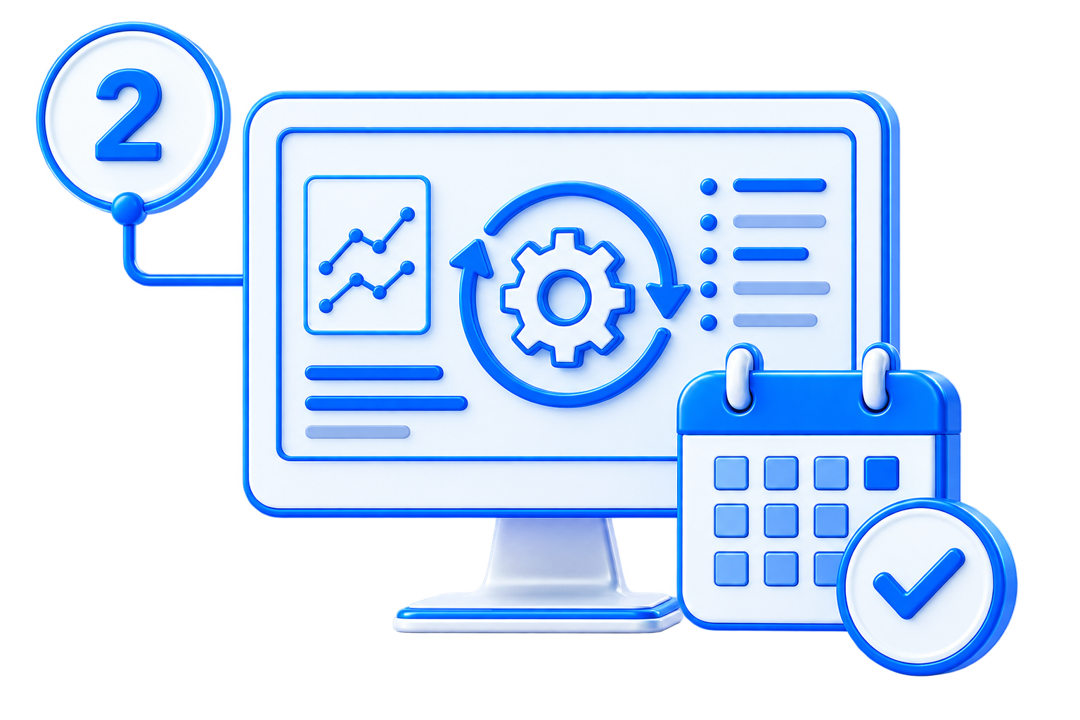 Line drawing of a computer monitor displaying a gear with circular arrows, a line graph, and text lines, with a calendar icon featuring a checkmark and numbered circle labeled 2.