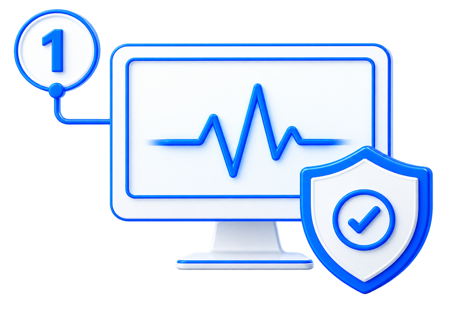 Neon blue line icon of a computer monitor displaying a heartbeat line, with a shield containing a checkmark overlapping the bottom right corner, and a numbered circle labeled '1' connected to the monitor.