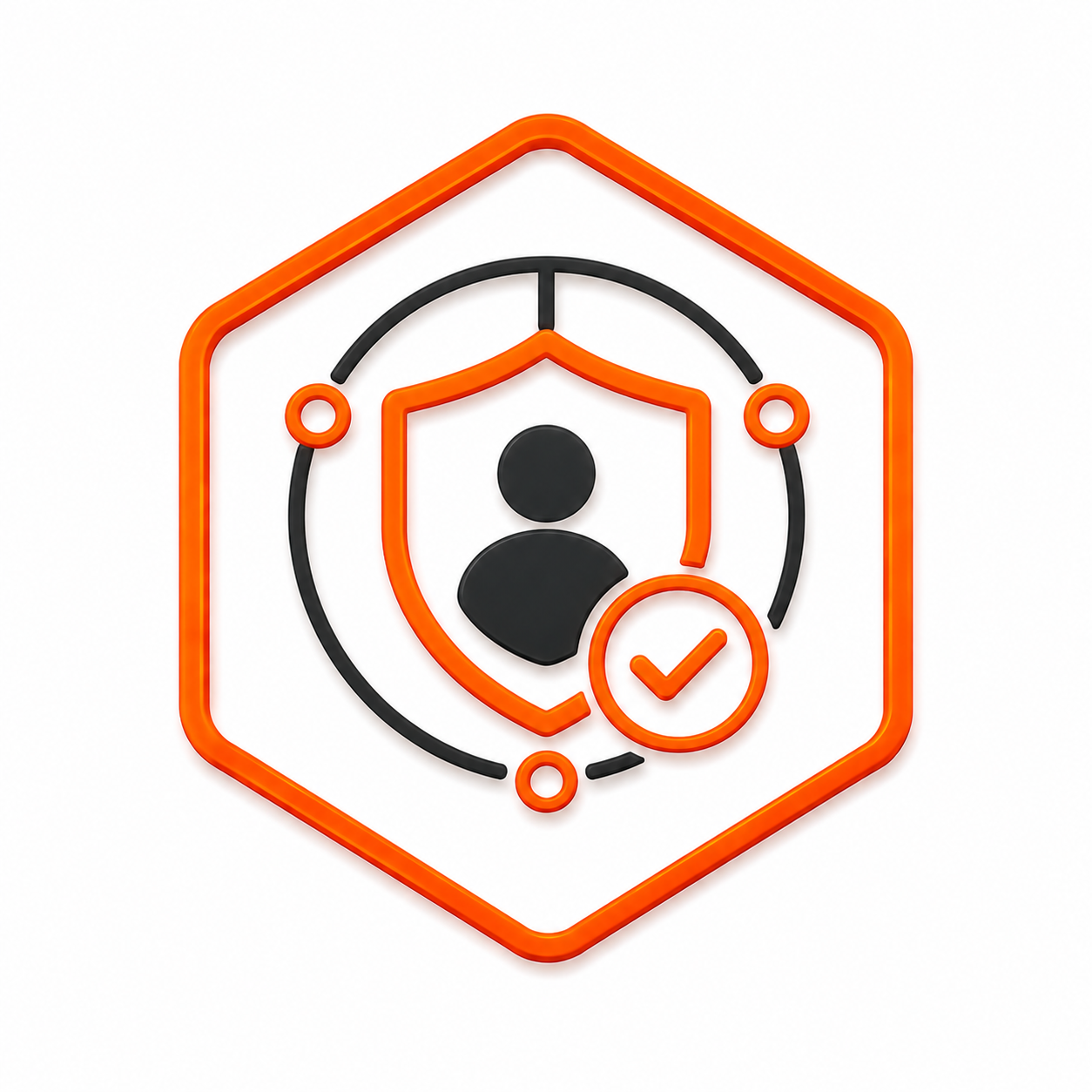 Neon orange and black sign featuring a house shape surrounding a human figure icon, with a shield outline and a checkmark, symbolizing security or protection of personal information.