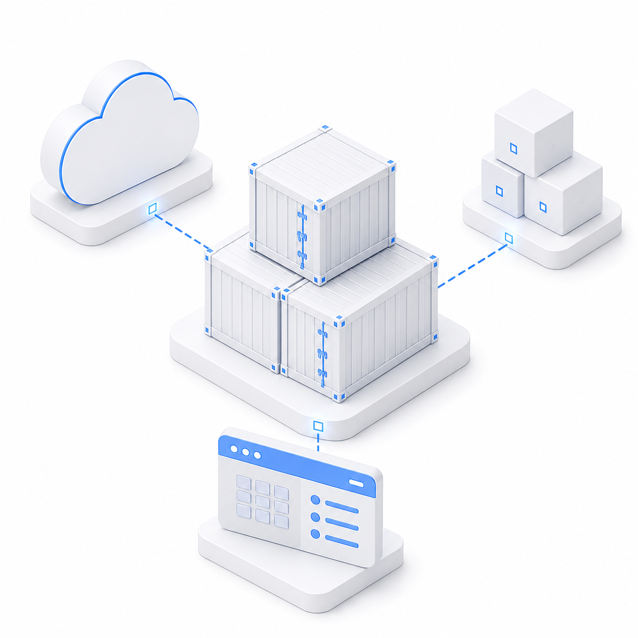 Digital illustration of cloud storage, servers, containers, and network icons representing cloud computing and data management.
