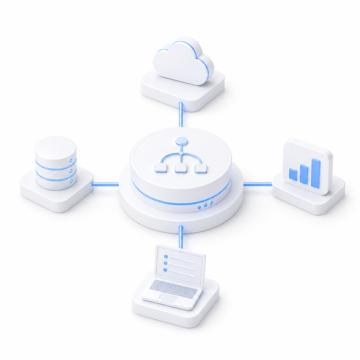 Digital illustration of a central hub connected to various icons representing cloud computing, data storage, analytics, user profiles, and device management.