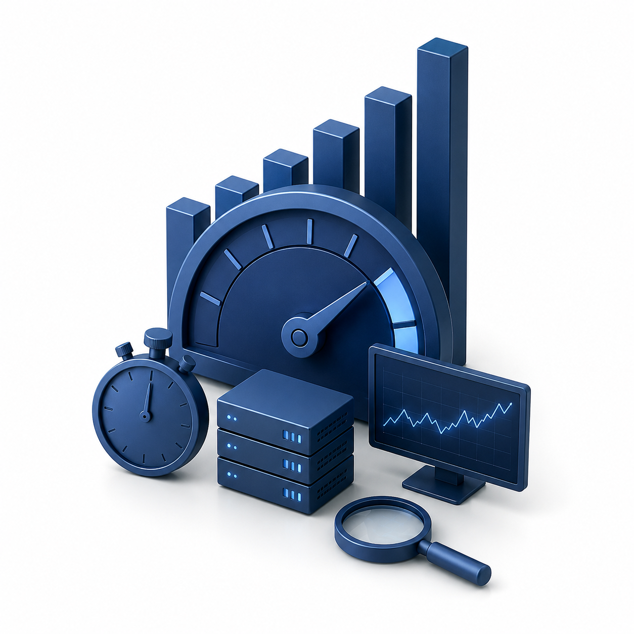 Blue technological devices including a rising bar graph, a speedometer, a stopwatch, a data server, a monitor with a line graph, and a magnifying glass.
