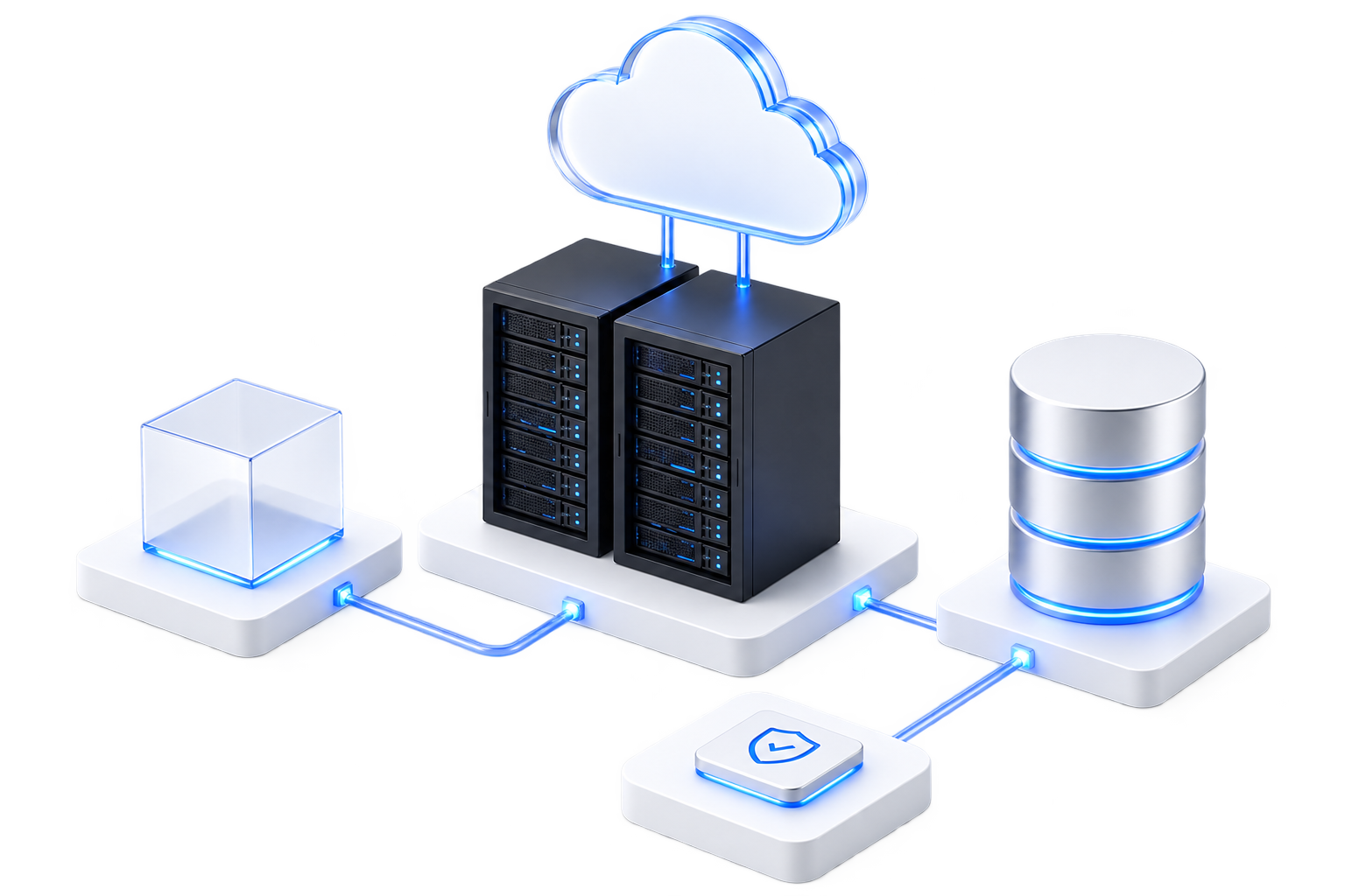 Cloud storage icon connected to servers, data storage, virtual machines, security shield, and cloud services logos including AWS, Google Cloud, and Azure, illustrating cloud computing and data management.