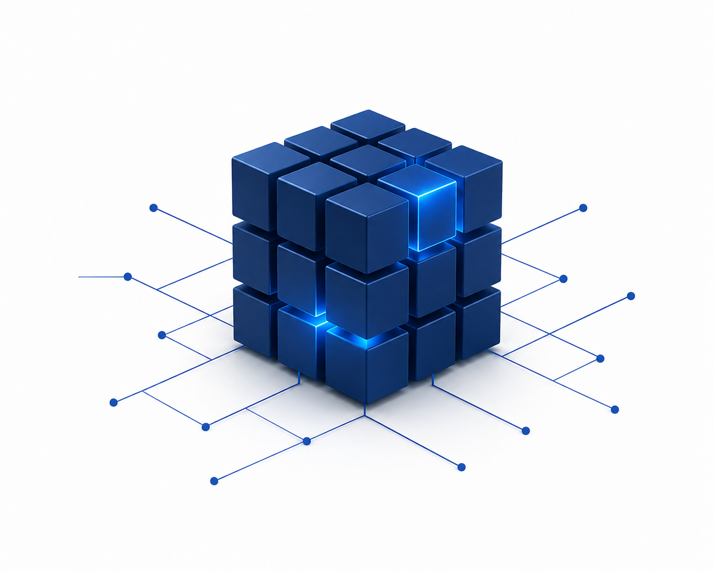 A digital illustration of a 3D blue cube made of smaller cubes, with glowing edges, surrounded by connected lines and points, representing technology or blockchain.