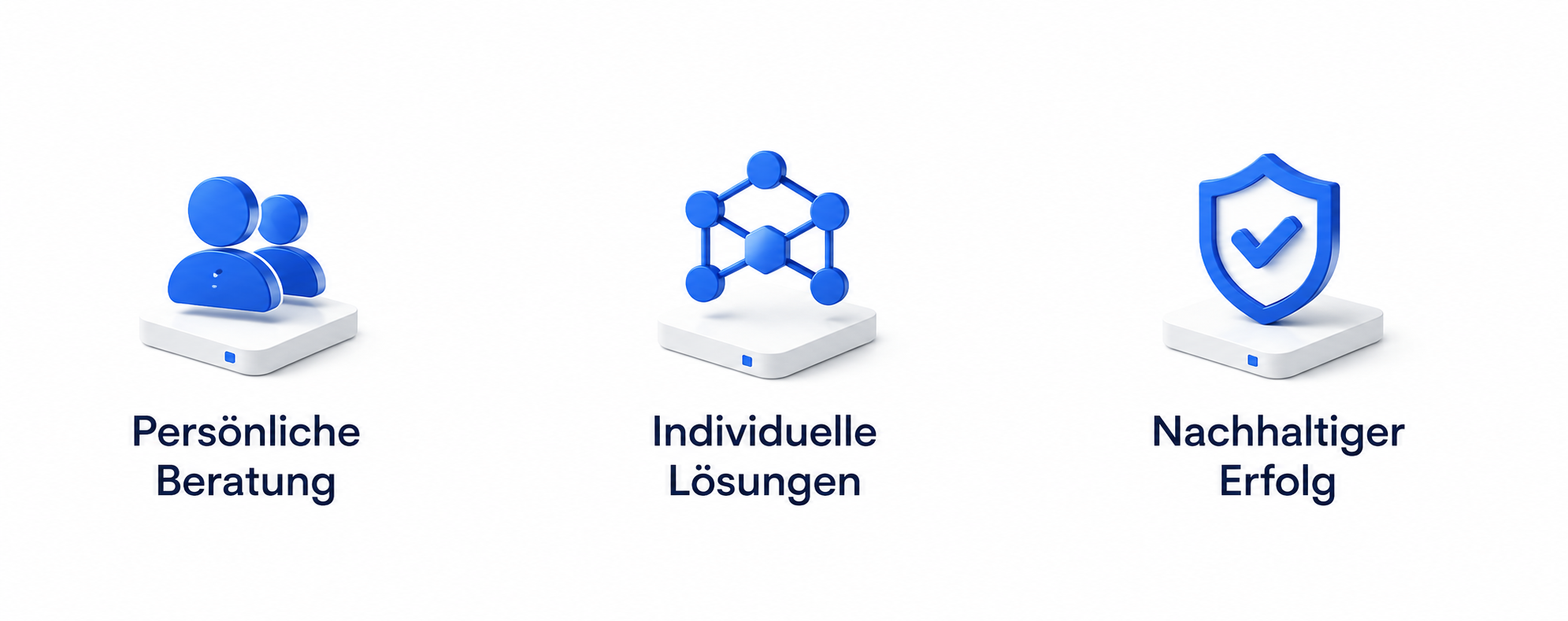 Three blue 3D icons with German text underneath: a group of two people labeled "Persönliche Beratung," a molecular structure labeled "Individuelle Lösungen," and a shield with a checkmark labeled "Nachhaltiger Erfolg."
