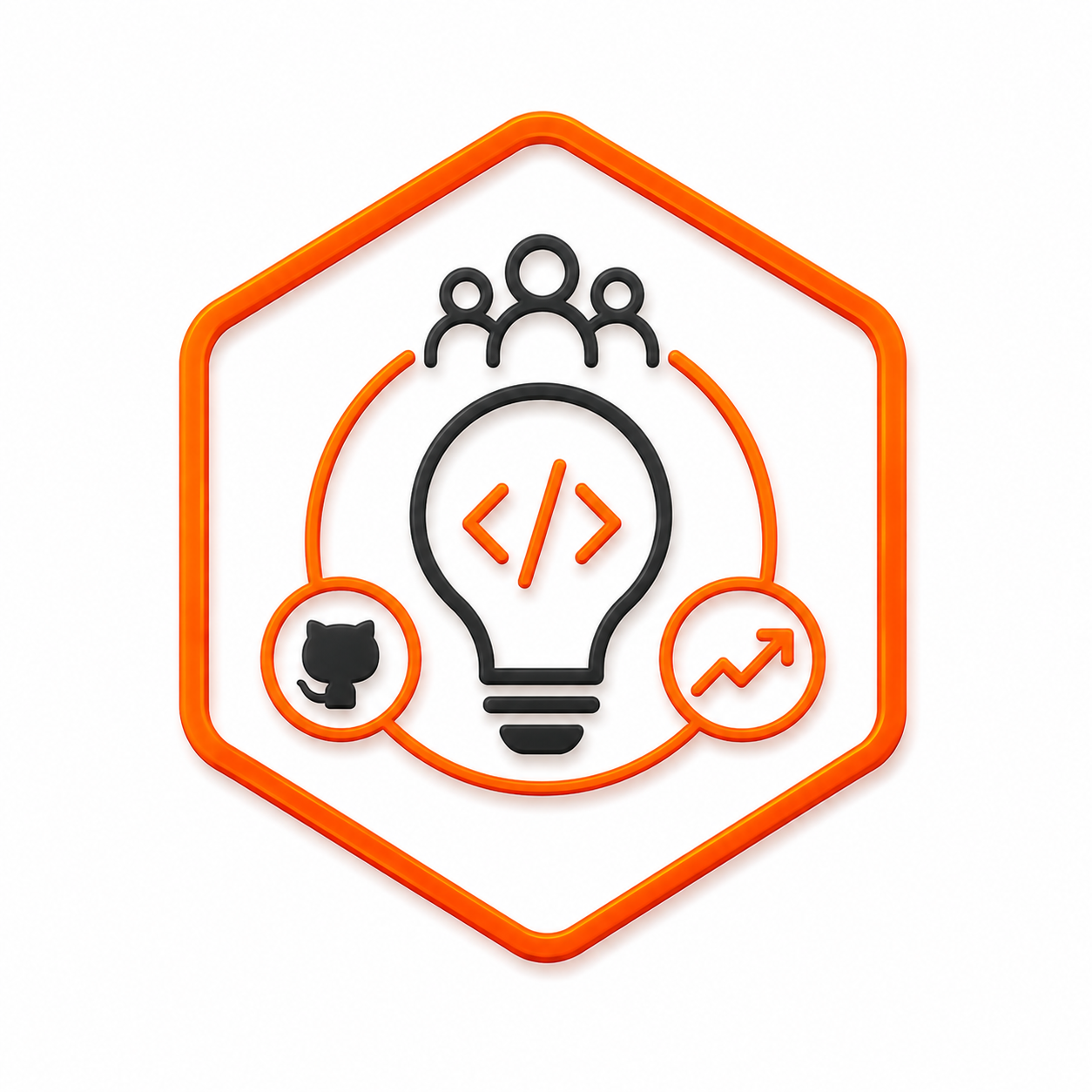 Neon sign of a house outline with a lightbulb containing coding brackets, surrounded by icons of a cat logo, a group of people, and an upward trending arrow, representing technology and innovation.