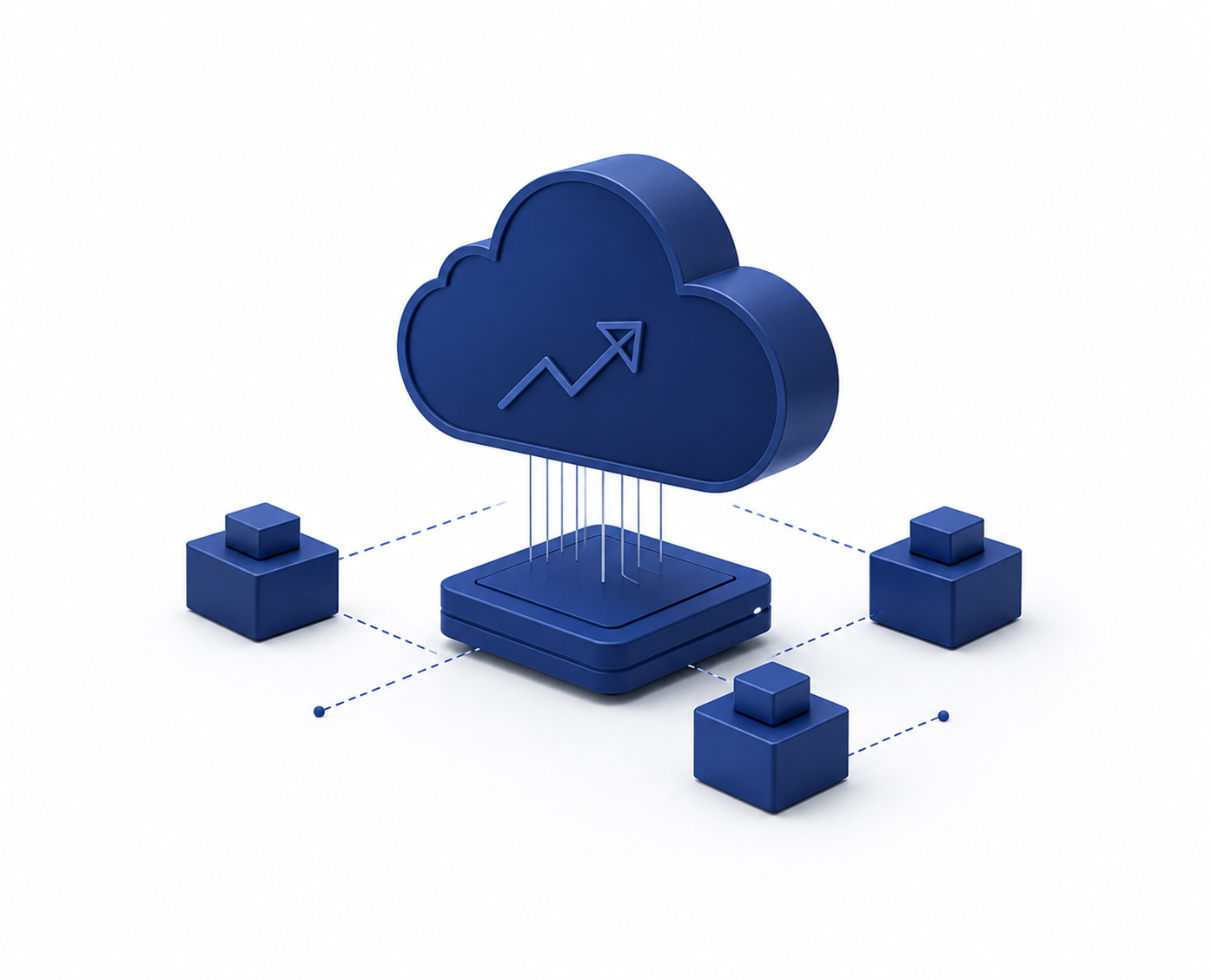 Digital illustration of a cloud storage icon with an upward trending graph, connected to four cubes representing data points or servers.