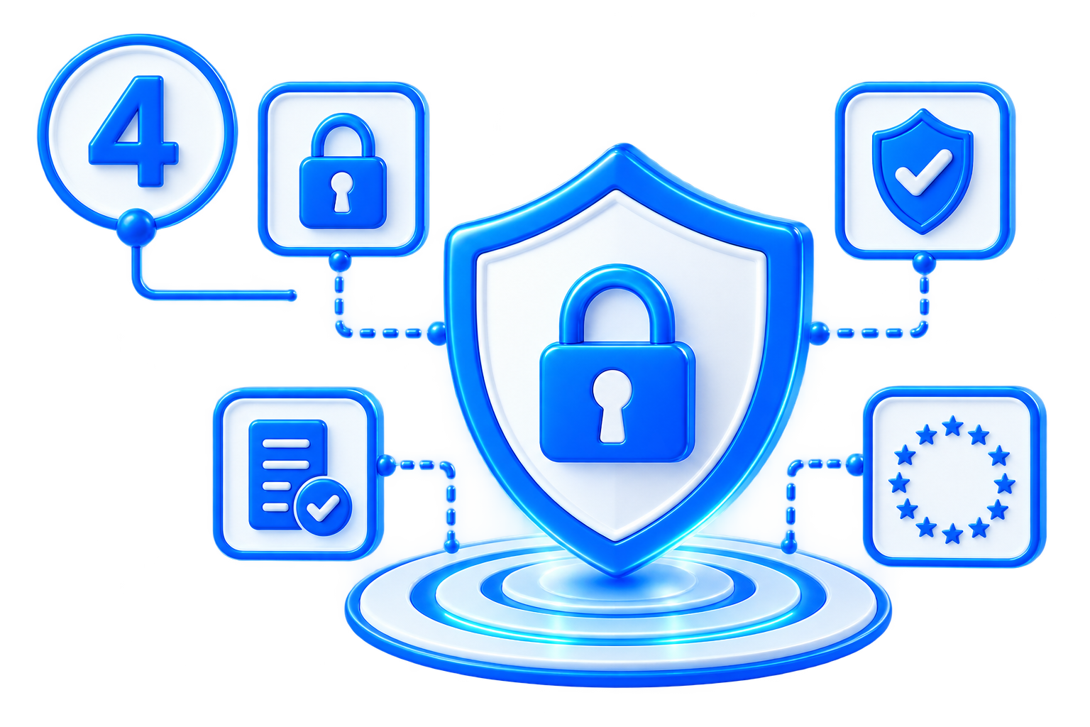Digital illustration of a shield with a lock in the center, surrounded by icons of a number 4, a padlock, a document with a checkmark, a checkmark shield, and the European Union flag, representing cybersecurity and data protection.