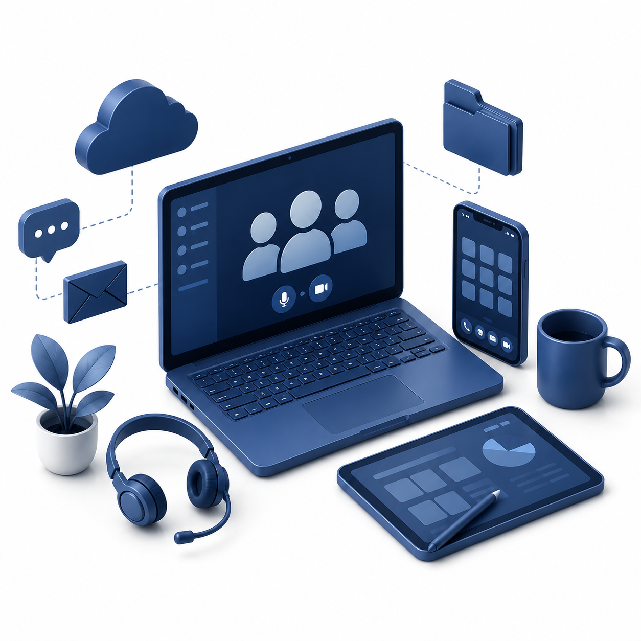 Digital workspace with a laptop displaying a video call, smartphone, tablet, headphones, coffee mug, potted plant, folder, and cloud icons indicating remote communication and cloud storage.