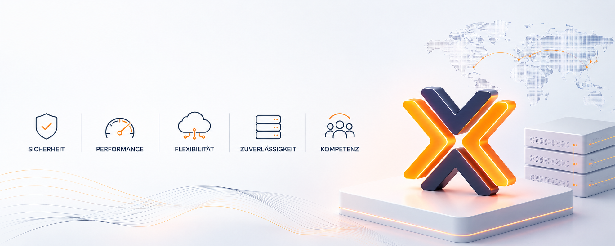 Digital illustration with icons and German words for security, performance, flexibility, reliability, and competence, featuring a glowing black and orange 'X' symbol and a server rack against a world map background.
