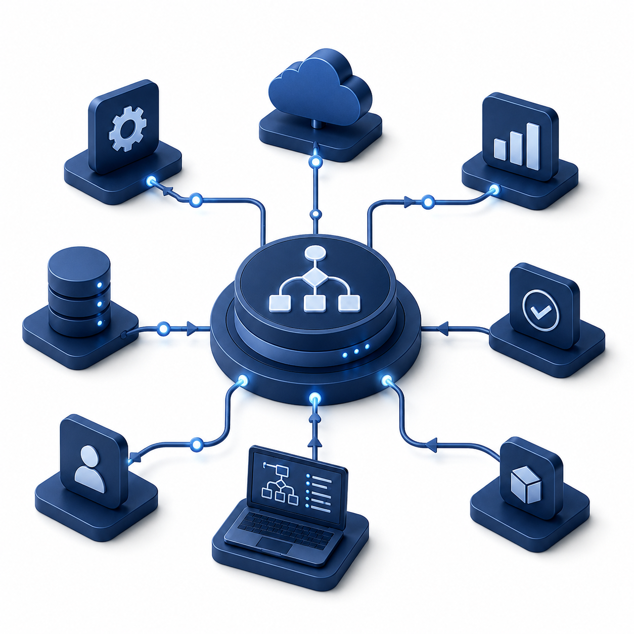 Digital illustration of a central hub connected to various icons representing cloud computing, data storage, analytics, user profiles, and device management.