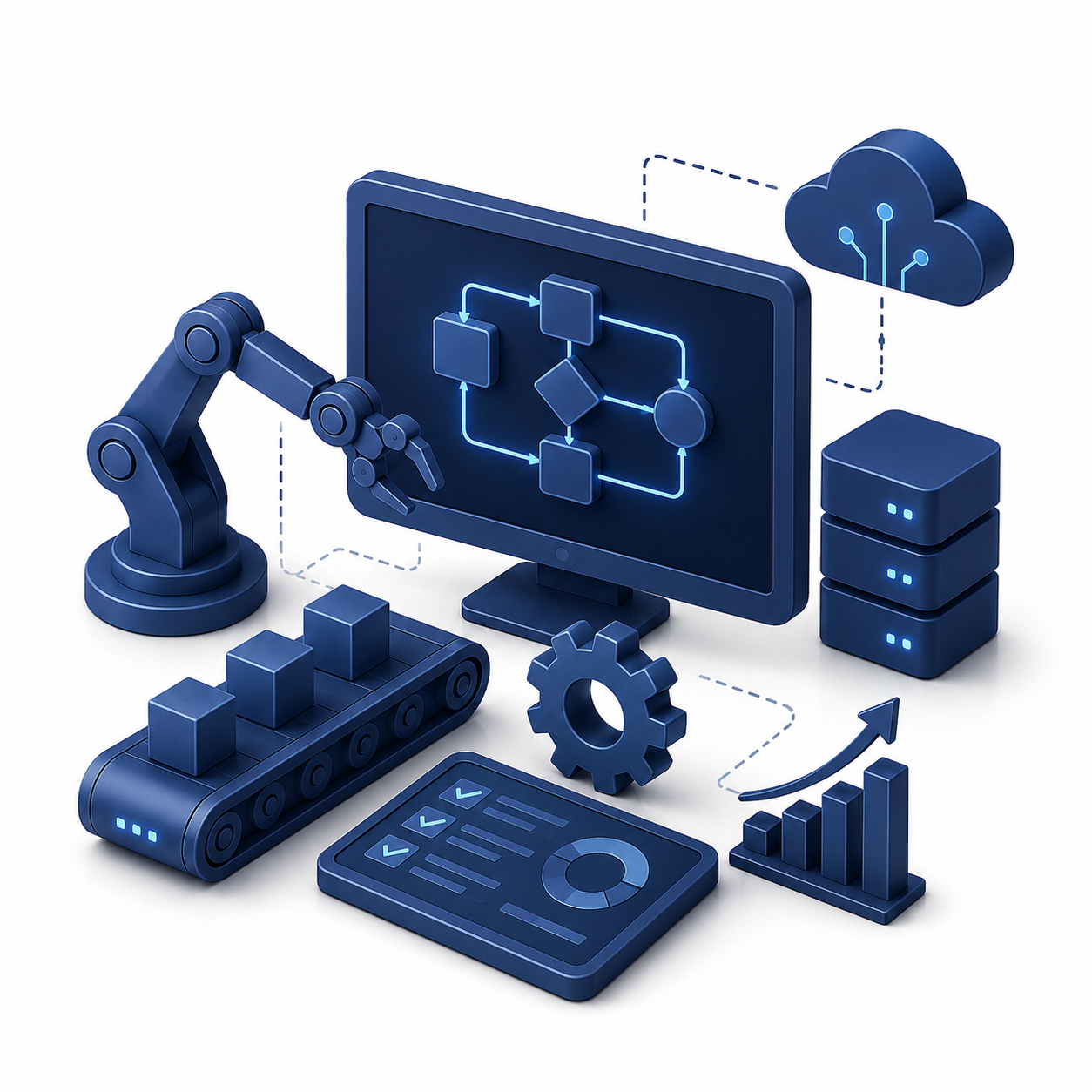 Digital illustration of automation and data processing with a robotic arm, computer screen displaying flowchart, conveyor belt with blocks, gear, cloud computing icon, data servers, and a bar chart with upward trend.