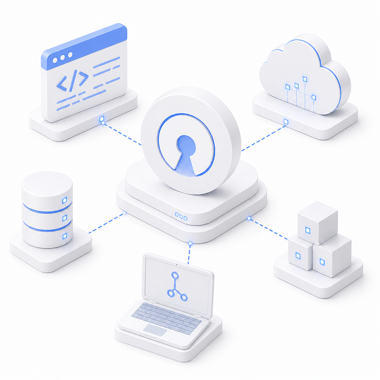 Digital illustration of cybersecurity and data protection concepts with icons representing cloud storage, coding, databases, security shield, gears, and interconnected systems in blue and white.