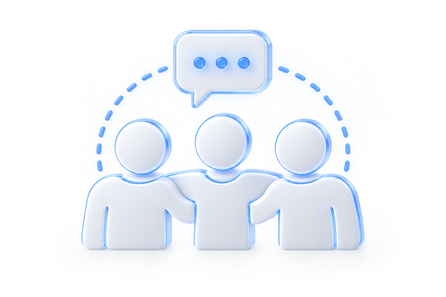 Neon outline drawing of three people with a chat bubble above them, indicating communication or conversation.