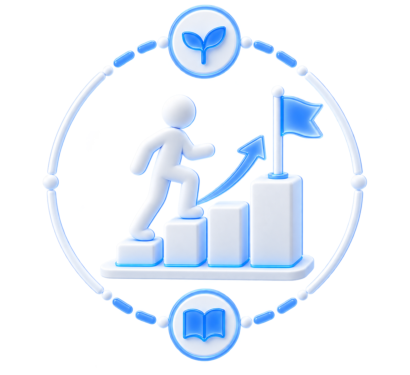 Neon sign of a person climbing increasing bars with a flag, surrounded by icons of a leaf and an open book, representing growth, learning, and sustainability.