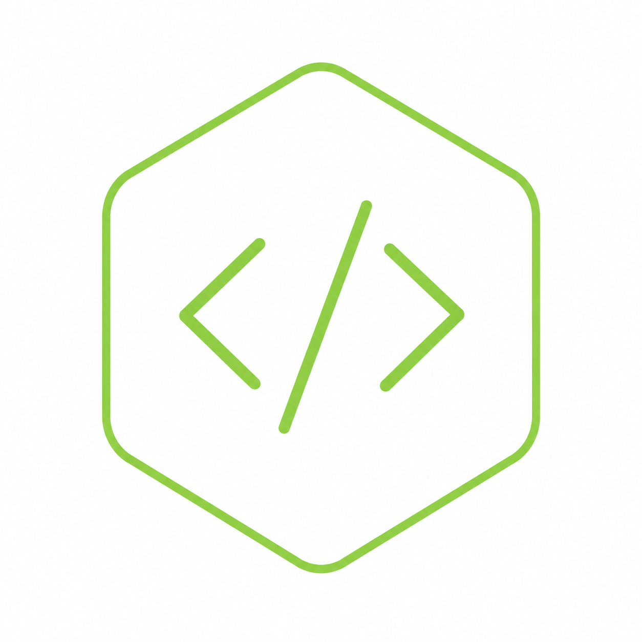 Green coding icon with a hexagon border and code symbols inside.