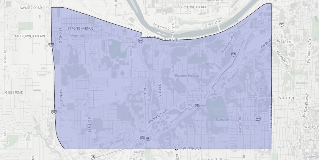Map highlighting the area of Shawnee Heights with a blue overlay.