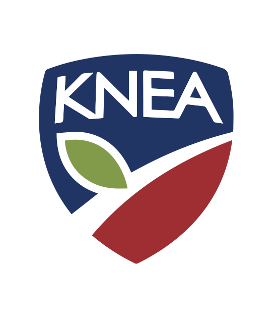 KNEA badge with the text 'Proud Member' at the top, featuring a shield with a green leaf, white stripe, and red section, representing the Kansas National Education Association.