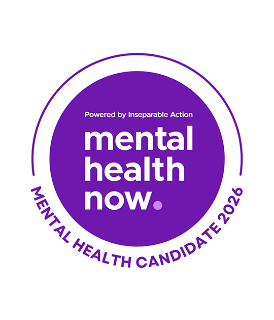 Purple circular logo with the text "mental health now" in bold white letters, with slogans "Powered by Inseparable Action" and "Mental Health Candidate 2026" surrounding the circle.